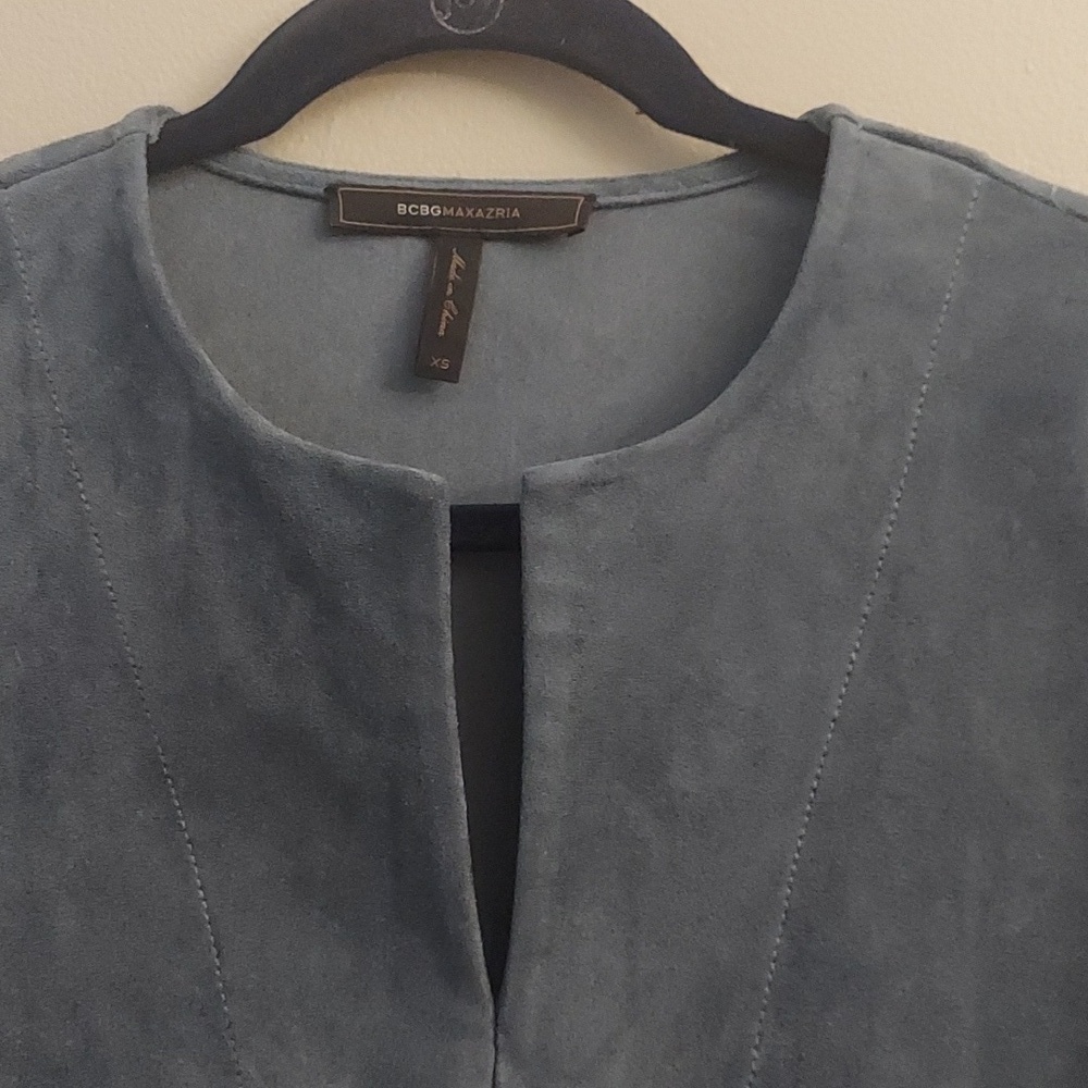 BCBGMAXARIA Catier Faux Suede Dusty Blue Mini Dress With Bell Sleeves XS Boho - Picture 6 of 13